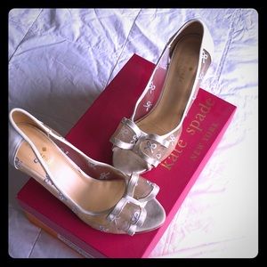 Kate Spade Salina Ivory Satin Silver Bow Mesh Heel